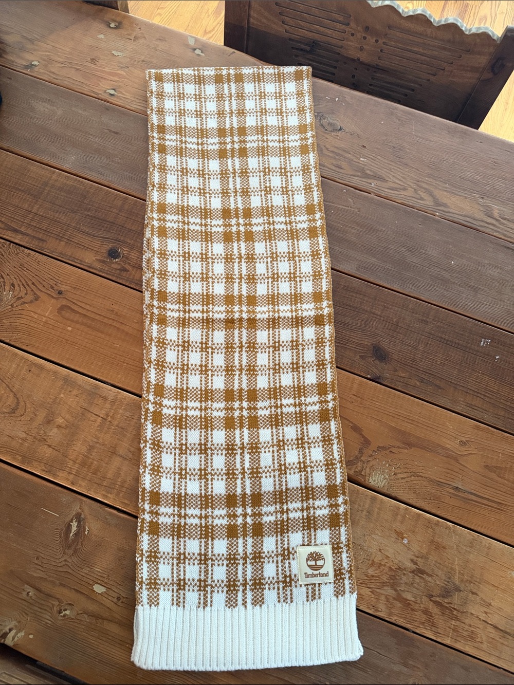 Timberland White and Mustard Plaid Knit Scarf